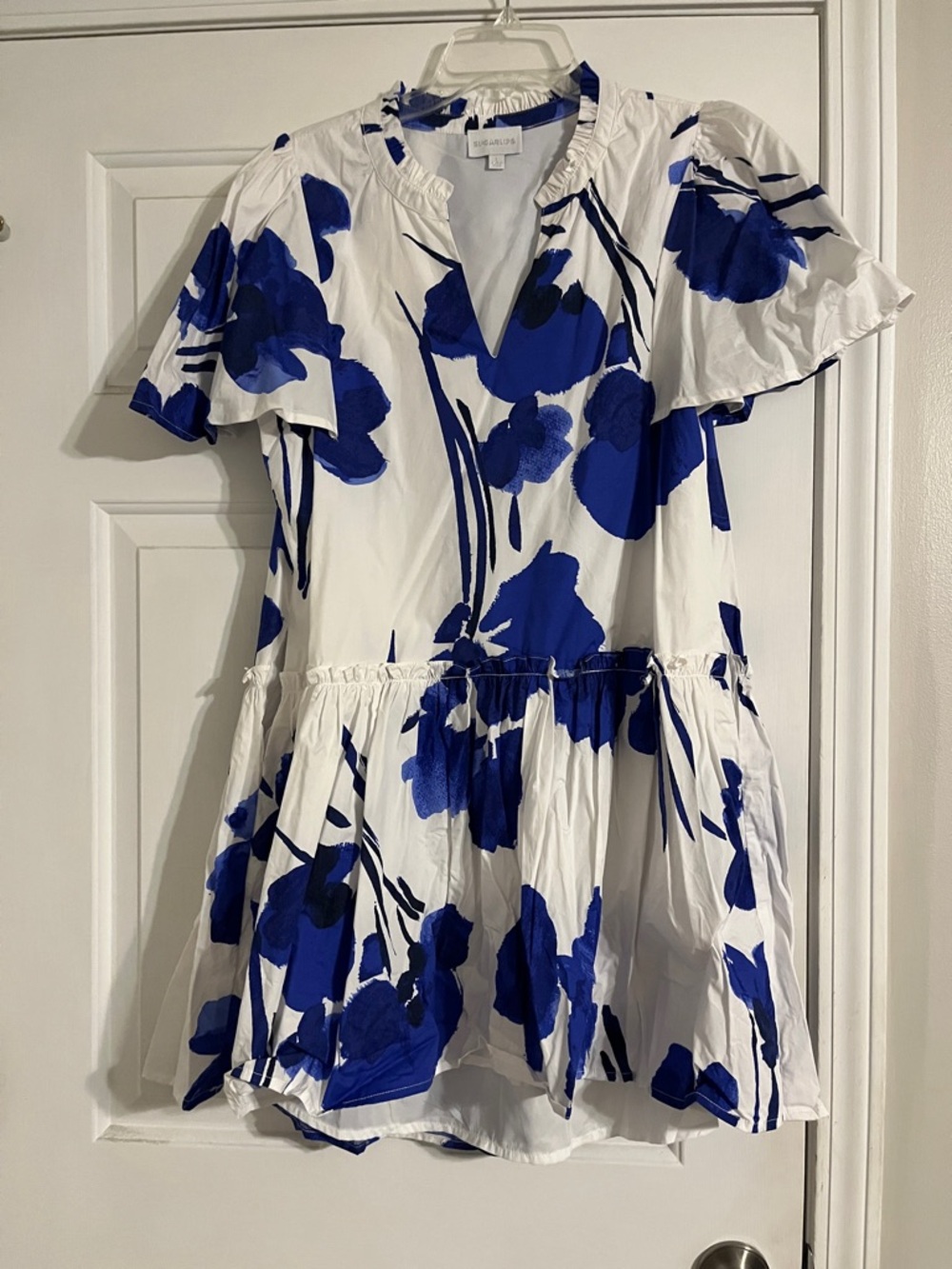 Blue Floral Tiered V-Neck Dress with pockets